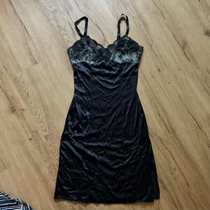 Vintage Black Nylon and Lace Slip Dress // 80s lingerie mini dress loungewear
